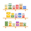 Set Icons Canned Food Theme. Various Tin Cans and Glass Jars Stand on Shelves. Marinated and Pickled Vegetable or Fruits