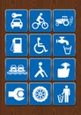 Set icons of car rental, bicycle, tractor, gas station, wheelchair, drinking water, barge, blind person, silence, mechanic,