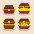 Set of icons with cartoon closed and opened wooden pirate chest