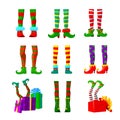 Set of Icons Elves Legs, Christmas Design Elements, Cute Funny Feet of Xmas Character in Striped Stoking and Nosy Shoes Royalty Free Stock Photo
