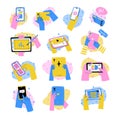 Set of icons with cartoon human hands and gadgets. Gestures with smartphone, phone and tablet. Cartoon modern style Royalty Free Stock Photo