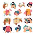 Set of icons with cartoon human hands and gadgets. Gestures with smartphone, phone and tablet. Cartoon modern style Royalty Free Stock Photo