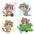 Set of icons with cats and kittens for children and design, the image of a cat flies in an airplane, grinds coffee in a coffee gri