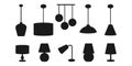 Set of icons with chandeliers and lamps. Table lamps and ceiling chandeliers. Design idea. Lighting. Vector graphics in a flat