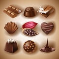 Set of icons of chocolate desserts and candies, liquid chocolate and cocoa beans