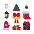 Set of icons for christmas decor. Items isolated on a white background. Vector illustration in pixel art Royalty Free Stock Photo