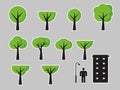 Set of different icons of city trees. Vector stylized drawings