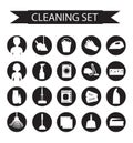 Set of icons for cleaning tools. House cleaning. Cleaning supplies. Flat design style. Cleaning design elements. Vector Royalty Free Stock Photo