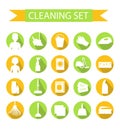 Set of icons for cleaning tools. House cleaning. Cleaning supplies. Flat design style. Cleaning design elements. Vector Royalty Free Stock Photo