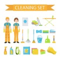 Set of icons for cleaning tools. House cleaning staff. Flat design style. Cleaning design elements. Vector illustration Royalty Free Stock Photo