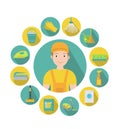 Set of icons for cleaning tools. House cleaning staff. Flat design style. Cleaning design elements. Vector illustration Royalty Free Stock Photo
