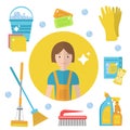 Set of icons for cleaning tools. House cleaning staff. Flat design style. Cleaning design elements. Vector illustration Royalty Free Stock Photo