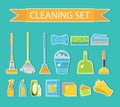 Set of icons for cleaning tools. House cleaning staff. Flat design style. Cleaning sticker. Cleaning design elements. Vector illus Royalty Free Stock Photo