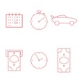 Set icons clock, stopwatch, banknote, sports car, calendar.