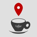 Set of icons Coffee cup and geo position mark in black, grey, red colors. Royalty Free Stock Photo