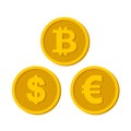 A set of icons of coins on the isolated white background. Bank notes dollar, Bank notes euro, , bitcoin. Symbols of currencies in Royalty Free Stock Photo
