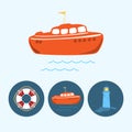 Set icons with colored boat, life buoy , lighthouse, vector illustration