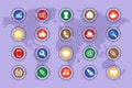 A set of icons on colored buttons with transparent elements. Part 1