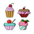 A set of icons, colorful delicious cupcakes with delicate fruit and chocolate cream and berries, vector cartoon Royalty Free Stock Photo