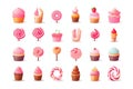 Set of icons colorful desserts, sweets, cakes, lollipops with orange, pink and purple hues on a plain background