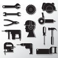 Set of icons construction tools hammer saw wrench screwdriver drill power tools... on grey isolated background. Vector image Royalty Free Stock Photo