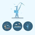 Set icons with crane, cargo containership , the crane with containers in dock, vector illustration