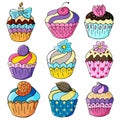 Set of icons of cupcakes, muffins in hand draw style. Collection of vector illustrations for your design. Sweet pastries Royalty Free Stock Photo