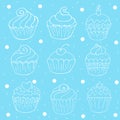 Set of icons of cupcakes, muffins in hand draw style. Collection of vector illustrations for your design