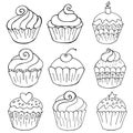 Set of icons of cupcakes, muffins in hand draw style. Collection of vector illustrations for your design