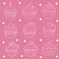 Set of icons of cupcakes, muffins in hand draw style. Collection of vector illustrations