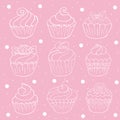 Set of icons of cupcakes, muffins in hand draw style. Collection of vector illustrations for your design