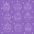 Set of icons of cupcakes, muffins in hand draw style. Collection of vector illustrations for your design