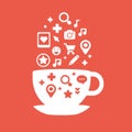 Set of icons of cups of coffee fly white and red c