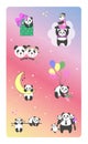 Set icons of cute little panda in different poses, vector clipart