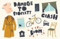 Set of Icons Damage to Property Theme. Crashed Transport Bicycle, Car, Dirty Torn Clothes, Broken Window, Furniture