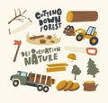 Set of Icons Deforestation and Tree Cutting Theme. Truck Transportation, Logs and Loader in Forest, Nature, Wooden Stump