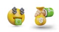 Set of icons for design of money receipt. Emoticon with dollars, hand holding money bag Royalty Free Stock Photo