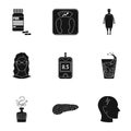 A set of icons about diabetes mellitus. Symptoms and treatment of diabetes. Diabetes icon in set collection on black