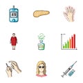 A set of icons about diabetes mellitus. Symptoms and treatment of diabetes. Diabetes icon in set collection on cartoon