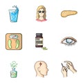 A set of icons about diabetes mellitus. Symptoms and treatment of diabetes. Diabetes icon in set collection on cartoon