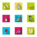 A set of icons about diabetes mellitus. Symptoms and treatment of diabetes. Diabetes icon in set collection on flat