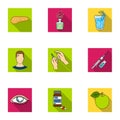 A set of icons about diabetes mellitus. Symptoms and treatment of diabetes. Diabetes icon in set collection on flat