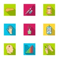 A set of icons about diabetes mellitus. Symptoms and treatment of diabetes. Diabetes icon in set collection on flat