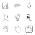 A set of icons about diabetes mellitus. Symptoms and treatment of diabetes. Diabetes icon in set collection on outline