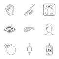 A set of icons about diabetes mellitus. Symptoms and treatment of diabetes. Diabetes icon in set collection on outline