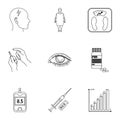 A set of icons about diabetes mellitus. Symptoms and treatment of diabetes. Diabetes icon in set collection on outline