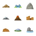 Set of icons about different mountains. Winter, summer mountains in one collection.Different mountains icon in set