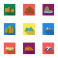 Set of icons about different mountains. Winter, summer mountains in one collection.Different mountains icon in set