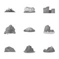 Set of icons about different mountains. Winter, summer mountains in one collection.Different mountains icon in set