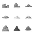 Set of icons about different mountains. Winter, summer mountains in one collection.Different mountains icon in set